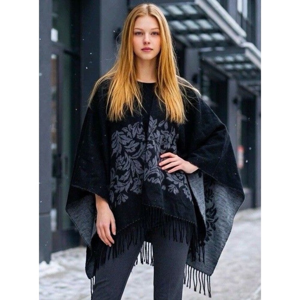 29 Palms Women's Reversible Floral Fringe Shawl Wrap Poncho Black Gray